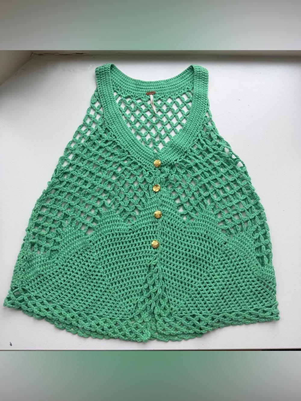 Free People Mint Green Crochet Sleeveless Knit Cardigan Vest Medium